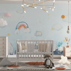 Watercolor Mountain Rainbow Nursery Mural - Removable Wallpaper