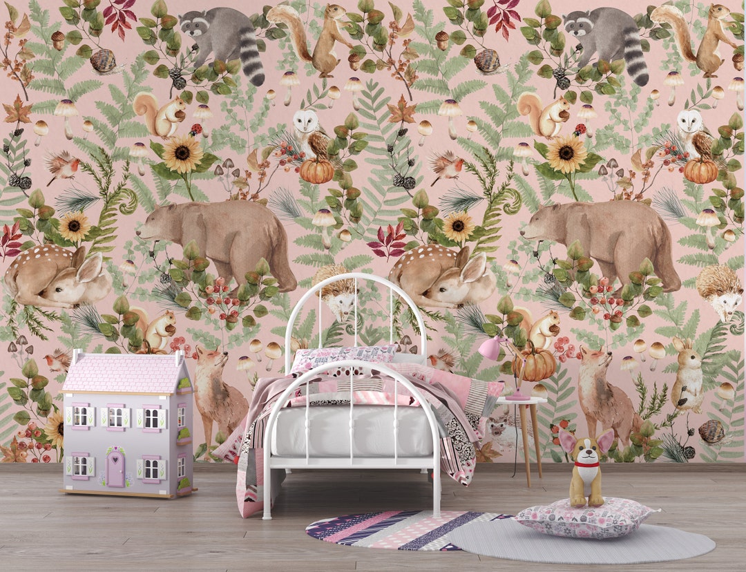 Woodland Nursery Wallpaper: Forest Animals Mural, Custom Size - Etsy