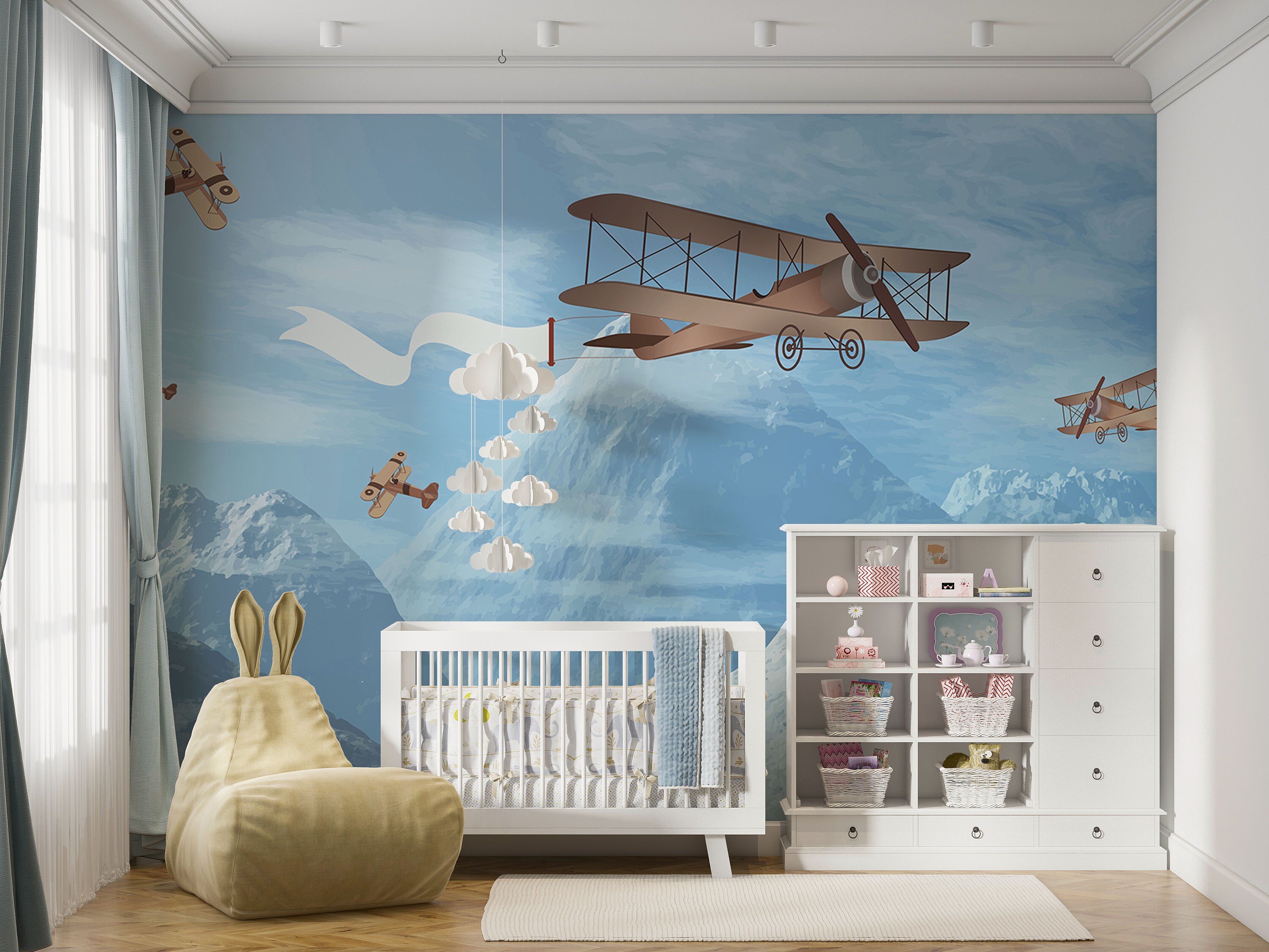 Watercolor Airplane Nursery Wallpaper: Retro Mountain Mural, Removable ...
