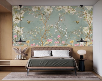 Chinoiserie Floral Wallpaper: Birds and Blossom Tree Wall Mural