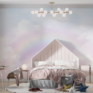Papel tapiz para guardería con arcoíris y cielo, mural infantil con cielo en colores pastel, mural infantil con cielo y nubes, papel tapiz infantil moderno, papel tapiz extraíble fácil