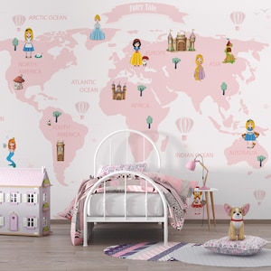 Papier peint conte de fées, carte du monde personnalisable, chambre de bébé fille, art mural, carte murale facile à retirer pour chambre de bébé