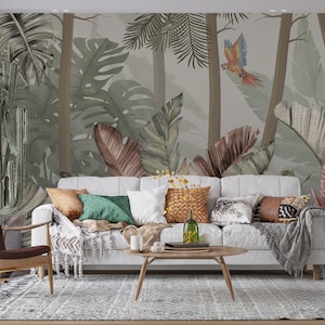 Profundidades del bosque Fondo de pantalla Acuarela Tropical Mural Hojas de plátano gigante Fondo de pantalla Paisaje Mural Loro Fácil Fondo de pantalla extraíble