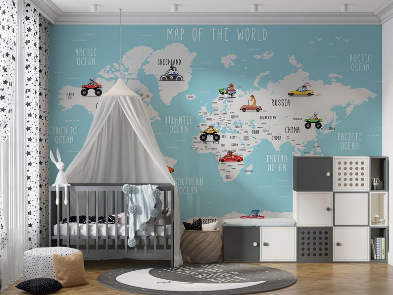 World Map Nursery Wallpaper Customizable World Map Animals Etsy