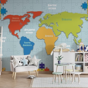 Puzzle Design Map Wallpaper Bunte Weltkarte Nursey Wallpaper Anpassbare Karte Kinder Tapete Abnehmbare Tapete Weltkarte Kinder Wandbild