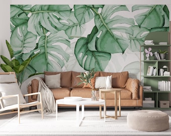 Watercolor Monstera Wallpaper Tropical Big Leaves Wall Mural Easy Removable Wallpaper Monstera Mural Tropical Wallpaper Tropical Mural