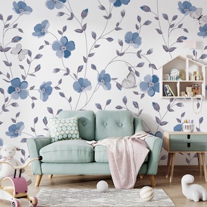 Forget Me Not Flowers Wallpaper. Floral Mural. Removable Wallpaper. Butterfly Wallpaper. Vintage Wallpaper. Chinoiserie Mural