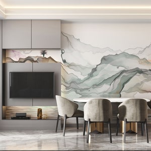 Asian Watercolor Mountain Mural - Removable Wall Art