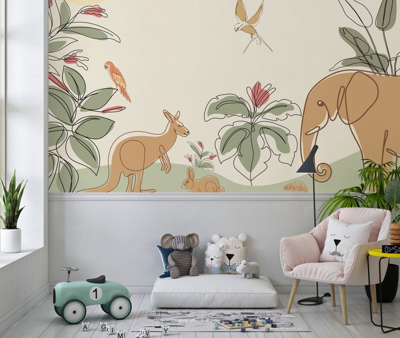 Mid Century Modern Nursery Wallpaper. Oneline Kids Mural. Etsy