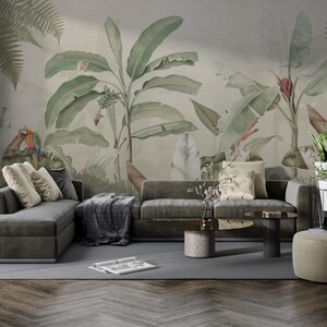 Watercolor Tropical Forest Wallpaper Mural: Palm Tree Wall Decor