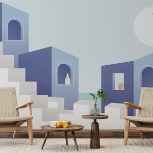 Carta da parati minimalista Santorini Paesaggio marino Murale Carta da parati moderna Architettura Carta da parati personalizzabile Carta da parati rimovibile Carta da parati Boho