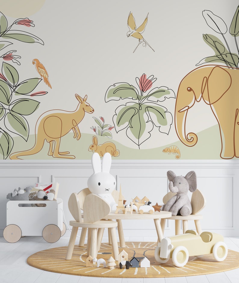 Mid Century Modern Nursery Wallpaper. Oneline Kids Mural. Etsy