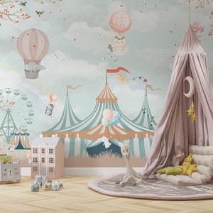 Circus Kids Wallpaper. Customizable Retro Circus Removable Kids Room Wallpaper. Animal Nursery Wallpaper. Carnival Kids Mural. Nursery Mural