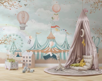Retro Zirkus Kinder Tapete: Tier Kinderzimmer Wandbild, anpassbar
