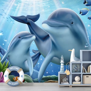 Fondo de pantalla de delfines. Mural Realista de Delfines. Fondo de pantalla del océano. Fondo de pantalla de vida marina. Mural del océano. Fondo de pantalla submarino. Mural infantil Océano