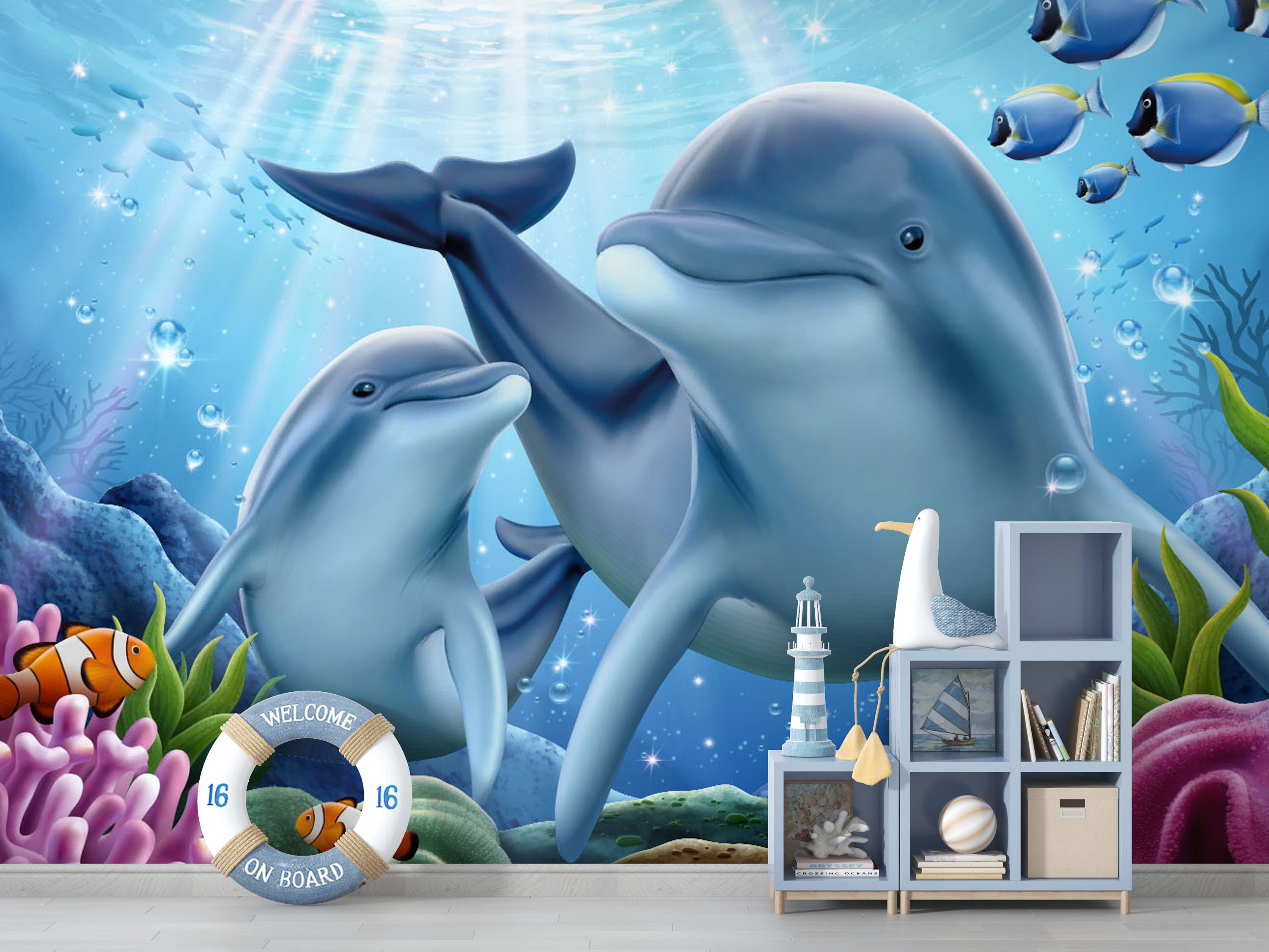 Dolphin Wallpaper. Realistic Dolphins Mural. Ocean Wallpaper. Sea Life Wallpaper. Ocean Mural. Underwater Wallpaper. Ocean Nursery Mural