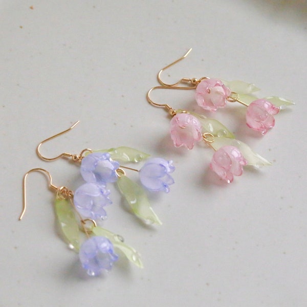 Shrink Plastic Lily Of The Valley Earrings, Pink earring, Baby blue earrings, fairy earrings, Flower jewelry
