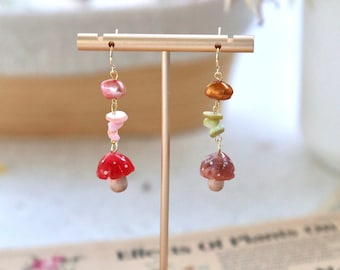 Mushroom earrings, Colorful earrings, Fruit earrings, Cute earrings, Natural shell, Natural stone, Red mushrooms, Y2K earrings, Gift for her