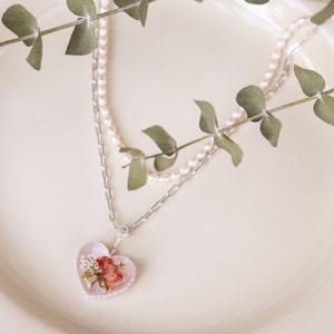 Dainty Heart Necklace, Real Rose Handmade Pressed Flower, Fairy Necklace, Paperclip Chain, Layer Link Chain, Gold or Silver Link Necklace