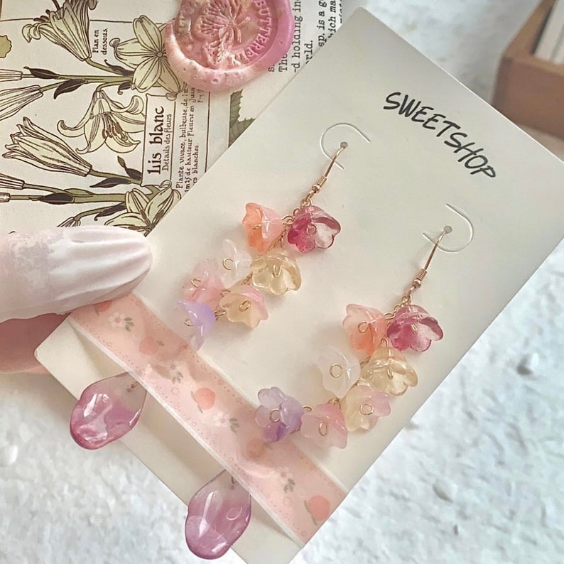 Lesbian Pride Flower Earrings, Colorful Dangle Earrings, Elegant Floral Earrings, kawaii long earring, nature inspired, fairy earrings image 7