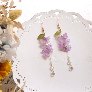 Wisteria flower earrings, Dangle Earrings, Plant Jewelry, Purple Earrings, Glazed Leaf Flower Earrings, Fairycore, Summer Earrings image 1