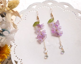 Wisteria flower earrings, Dangle Earrings, Plant Jewelry, Purple Earrings, Glazed Leaf Flower Earrings, Fairycore, Summer Earrings