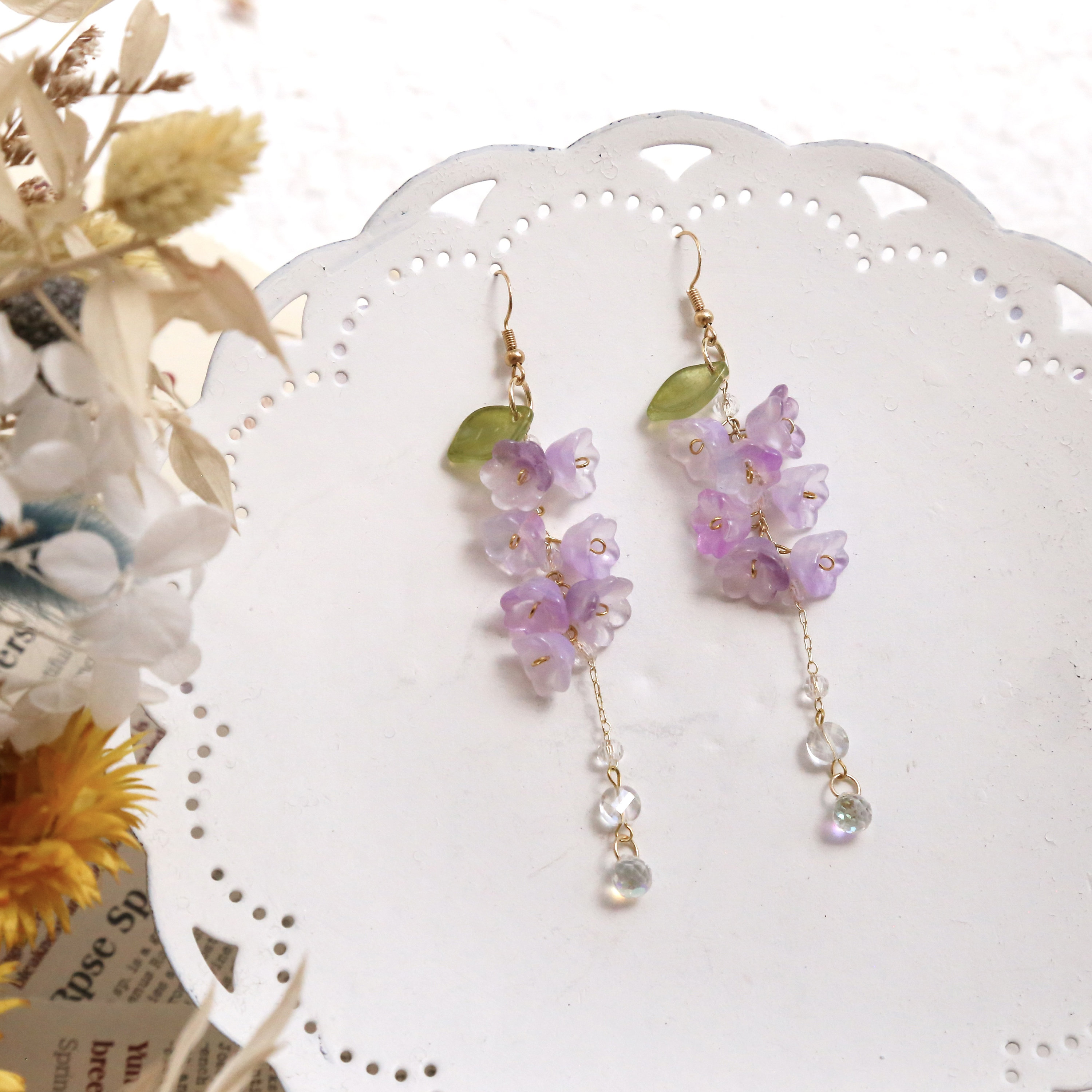 Wisteria flower earrings, Dangle Earrings, Plant Jewelry, Purple Earrings, Glazed Leaf Flower Earrings, Fairycore, Summer Earrings