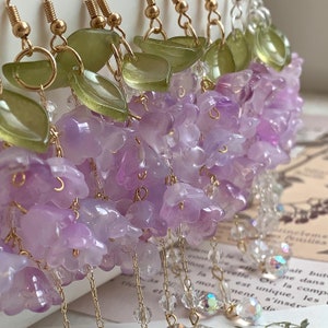 Wisteria flower earrings, Dangle Earrings, Plant Jewelry, Purple Earrings, Glazed Leaf Flower Earrings, Fairycore, Summer Earrings image 3