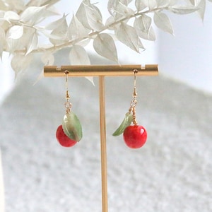 Apple Earrings, Fruit Earrings, Red Apple, Leaf Earrings, Kawaii long earring, Nature inspired, Fairy earrings