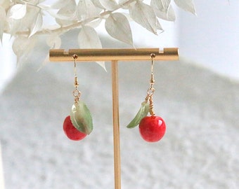 Apple Earrings, Fruit Earrings, Red Apple, Leaf Earrings, Kawaii long earring, Nature inspired, Fairy earrings