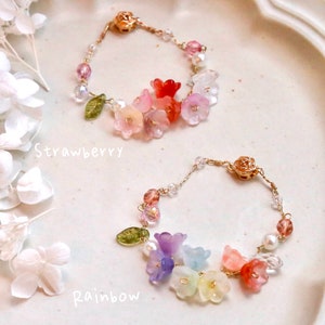 Rainbow grass lily flower bracelets, Flower bracelets, Colorful flower bracelet, Lily of Valley, Pearl flower plant jewelry, Rose crystal image 5