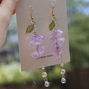 Wisteria flower earrings, Dangle Earrings, Plant Jewelry, Purple Earrings, Glazed Leaf Flower Earrings, Fairycore, Summer Earrings image 2