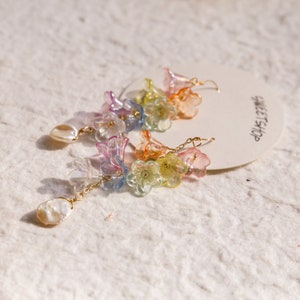 Rainbow Lily Flower earrings, Dangle earrings, sun catcher earrings, fairy earrings, long earrings, Iridescent Holographic image 4