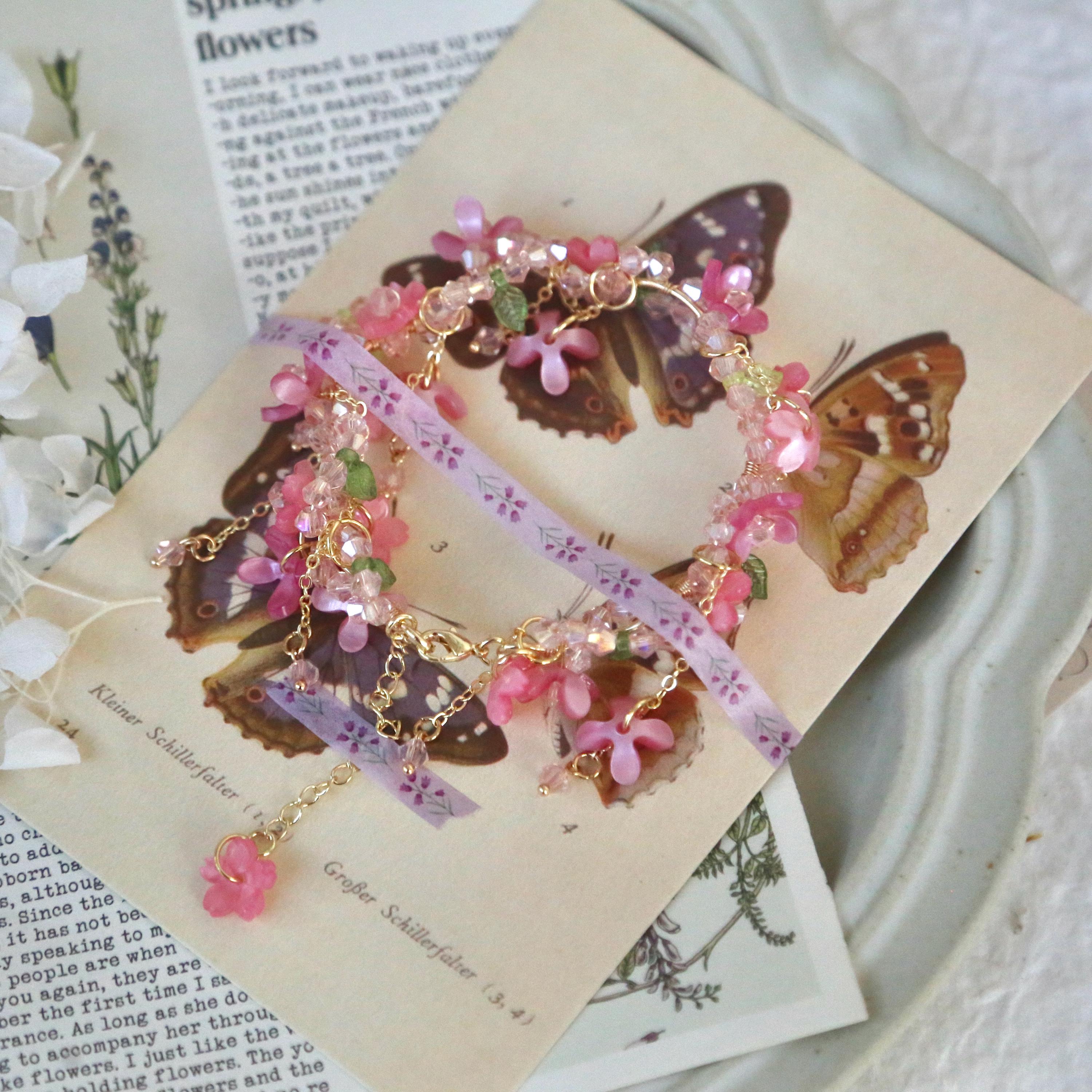 Sakura Flower Wreath Bracelet, Handmade Pink Cherry Blossom Floral