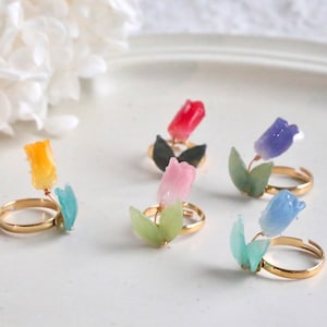 Anillos de tulipán de plástico retráctil, tulipanes rosas, pendientes ajustables de oro hechos a mano, anillos de resorte, regalo para ella