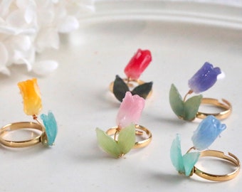 Shrink Plastic Tulip Rings, Pink tulips, handmade gold adjustable earrings, spring rings, gift for her