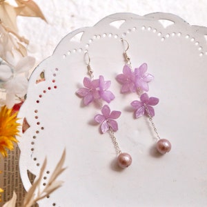 Peach blossom earrings, drop earring, colorful cotton pearl earrings, fairy earring, flower earrings, wedding earring, spring earrings