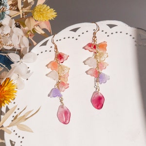 Lesbian Pride Flower Earrings, Colorful Dangle Earrings, Elegant Floral Earrings, kawaii long earring, nature inspired, fairy earrings image 1