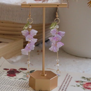 Wisteria flower earrings, Dangle Earrings, Plant Jewelry, Purple Earrings, Glazed Leaf Flower Earrings, Fairycore, Summer Earrings image 4