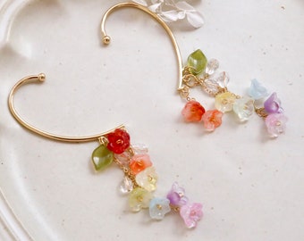 No Piercing rainbow earrings, flower ear cuffs, gold ear cuffs, flower earrings, cute earrings, unique earrings, three charms drop earrings