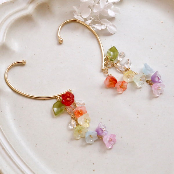 No Piercing rainbow earrings, flower ear cuffs, gold ear cuffs, flower earrings, cute earrings, unique earrings, three charms drop earrings