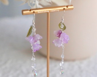 Mini Wisteria Earrings, Dangle Earrings, Plant Jewelry, Purple Earrings, Glazed Leaf Flower Earrings, Fairycore, Summer Earrings