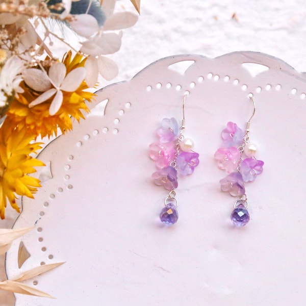 Colorful Dangle Earrings, Lily of The Valley Earrings, Elegant Dainty Floral Earrings, kawaii long earring, nature inspired, fairy earrings