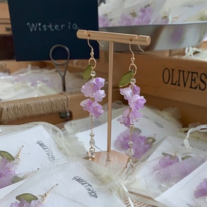 Wisteria flower earrings, Dangle Earrings, Plant Jewelry, Purple Earrings, Glazed Leaf Flower Earrings, Fairycore, Summer Earrings image 8