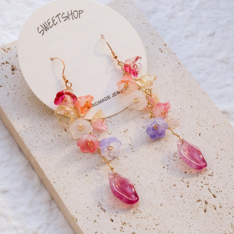 Lesbian Pride Flower Earrings, Colorful Dangle Earrings, Elegant Floral Earrings, kawaii long earring, nature inspired, fairy earrings image 3