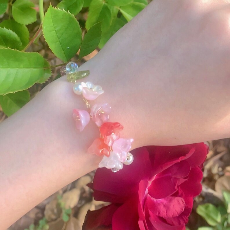 Rainbow grass lily flower bracelets, Flower bracelets, Colorful flower bracelet, Lily of Valley, Pearl flower plant jewelry, Rose crystal image 10