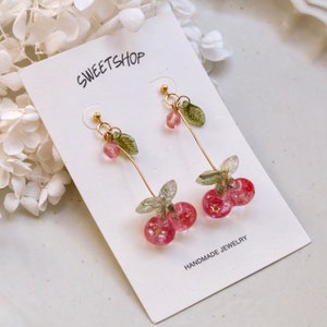 Resin Cherry Earrings, Fruit Earrings, Red Cherry Dangle Earrings, Dried flower earring, kakyoin earrings, Real Green Leaf earrings