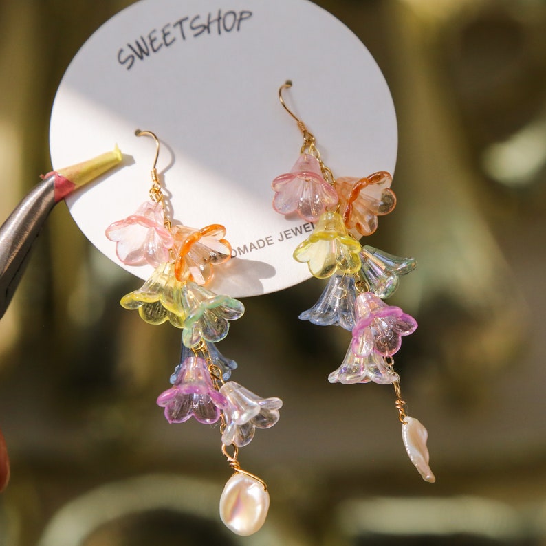 Rainbow Lily Flower earrings, Dangle earrings, sun catcher earrings, fairy earrings, long earrings, Iridescent Holographic image 3
