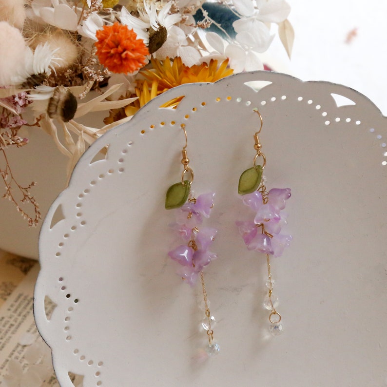 Wisteria flower earrings, Dangle Earrings, Plant Jewelry, Purple Earrings, Glazed Leaf Flower Earrings, Fairycore, Summer Earrings image 6