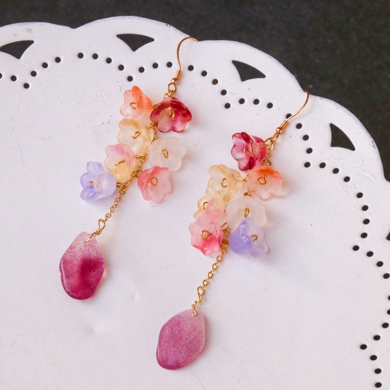 Lesbian Pride Flower Earrings, Colorful Dangle Earrings, Elegant Floral Earrings, kawaii long earring, nature inspired, fairy earrings image 6